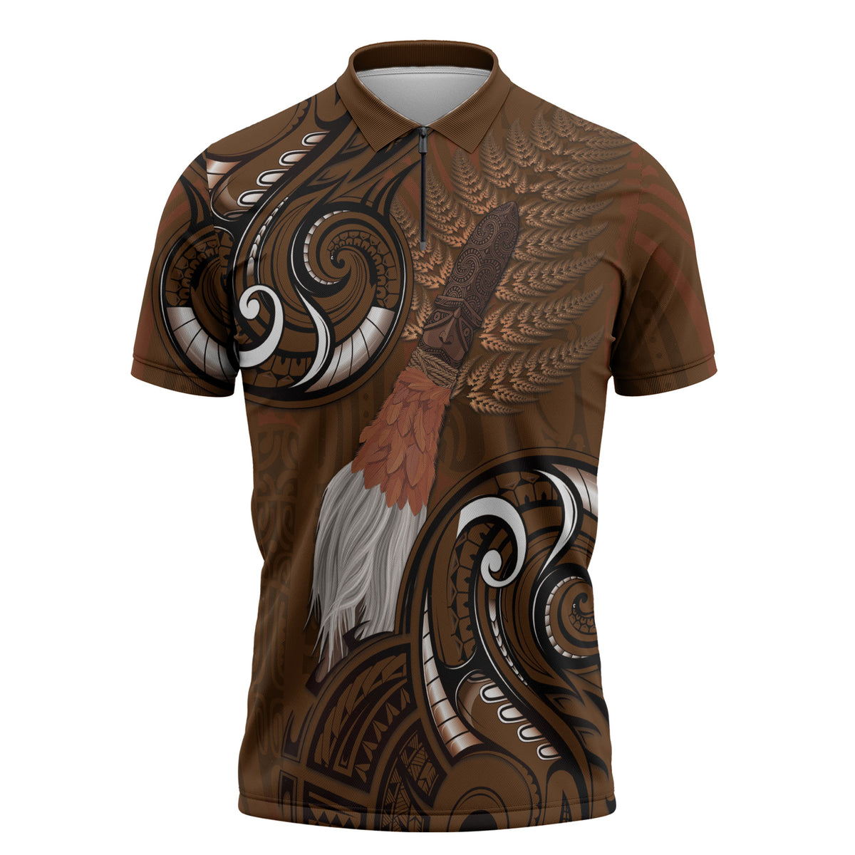 New Zealand Taiaha Zipper Polo Shirt Maori Weapon Silver Fern Maori Pattern