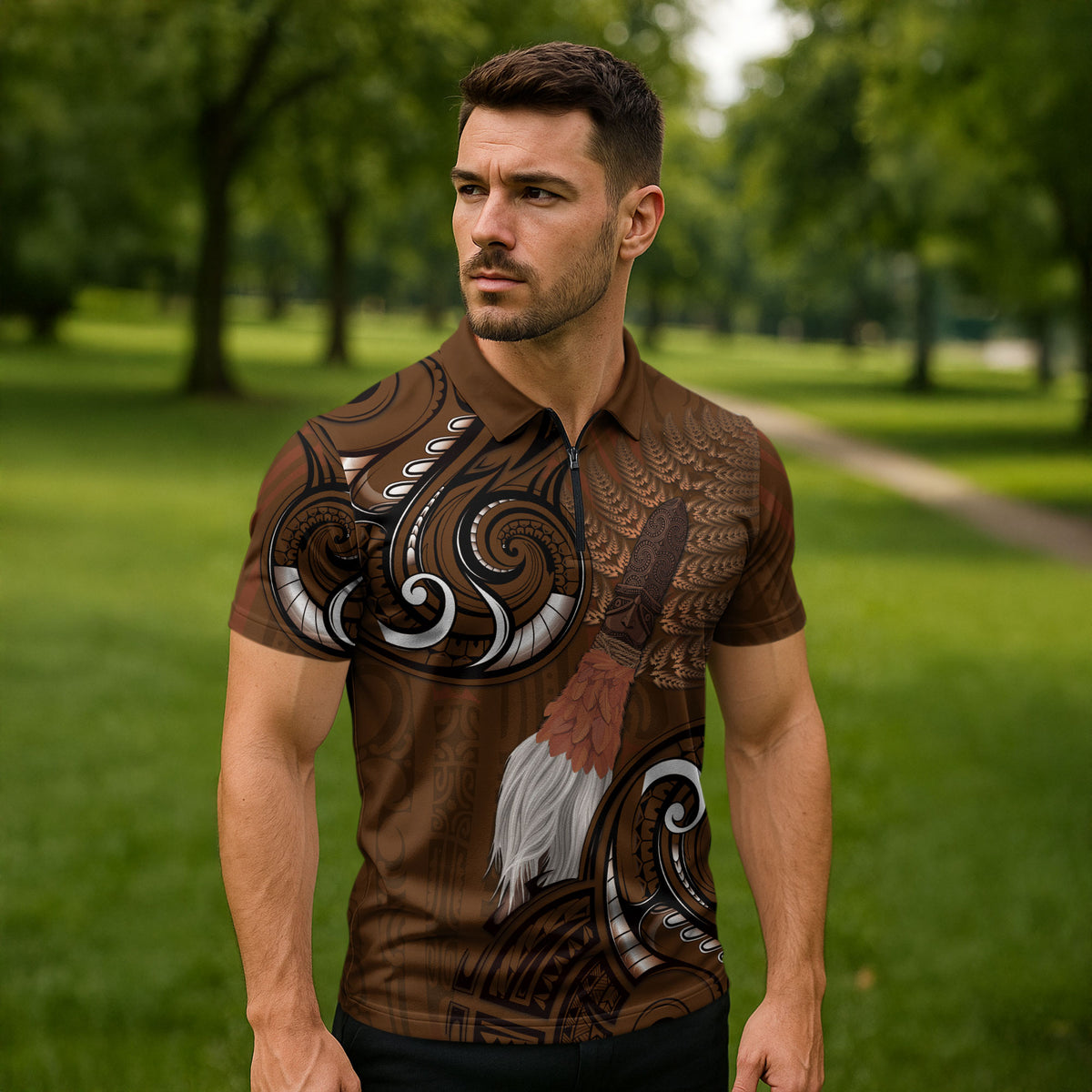 New Zealand Taiaha Zipper Polo Shirt Maori Weapon Silver Fern Maori Pattern