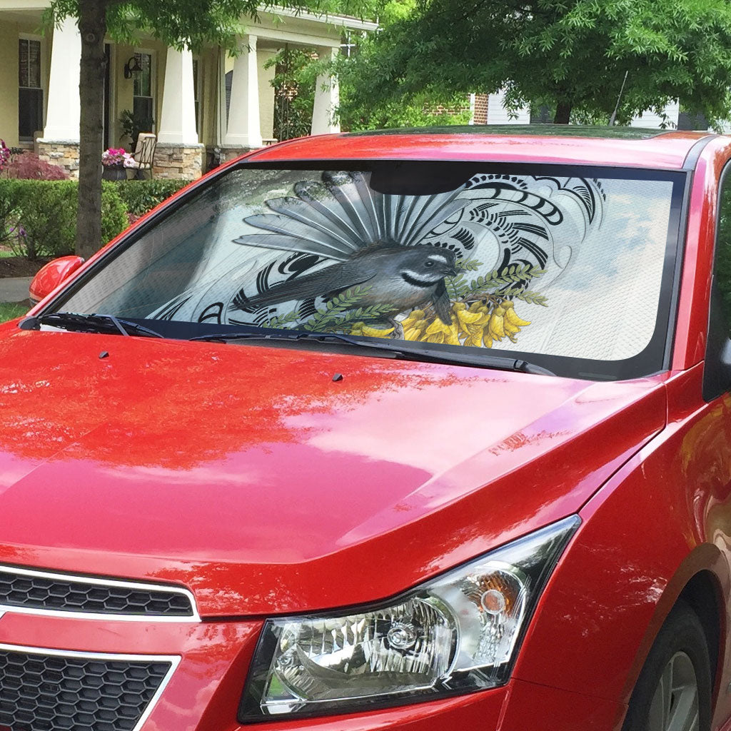 New Zealand Fantail Bird Auto Sun Shade Maori Piwakawaka Kowhai Maori Pattern