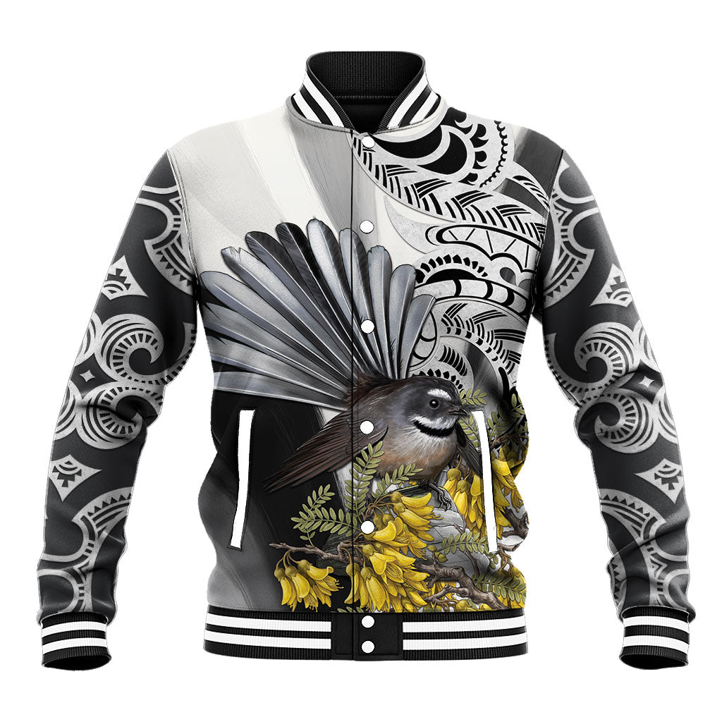 New Zealand Fantail Bird Baseball Jacket Maori Piwakawaka Kowhai Maori Pattern
