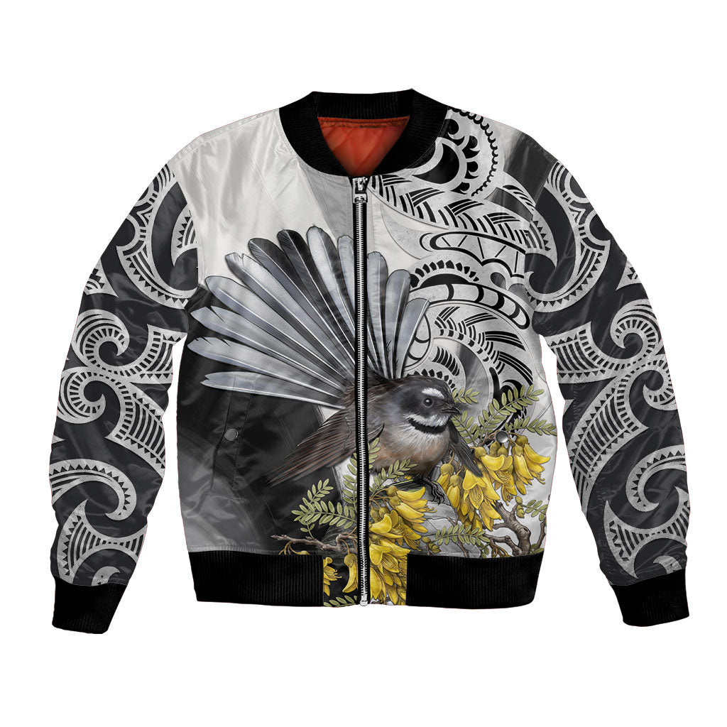 New Zealand Fantail Bird Bomber Jacket Maori Piwakawaka Kowhai Maori Pattern LT22 Unisex Grey - Polynesian Pride