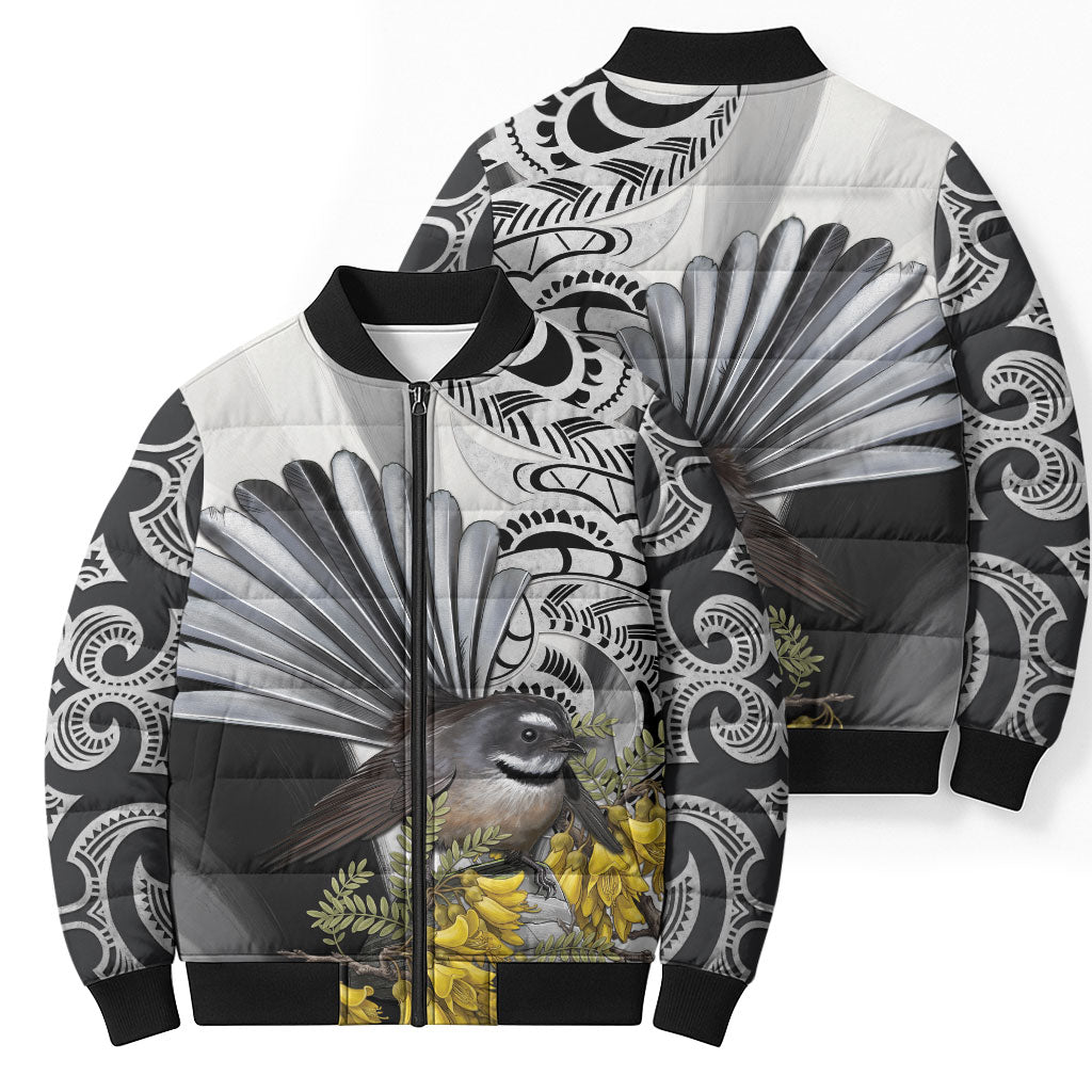 New Zealand Fantail Bird Bomber Puffer Jacket Maori Piwakawaka Kowhai Maori Pattern