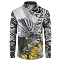 New Zealand Fantail Bird Button Sweatshirt Maori Piwakawaka Kowhai Maori Pattern