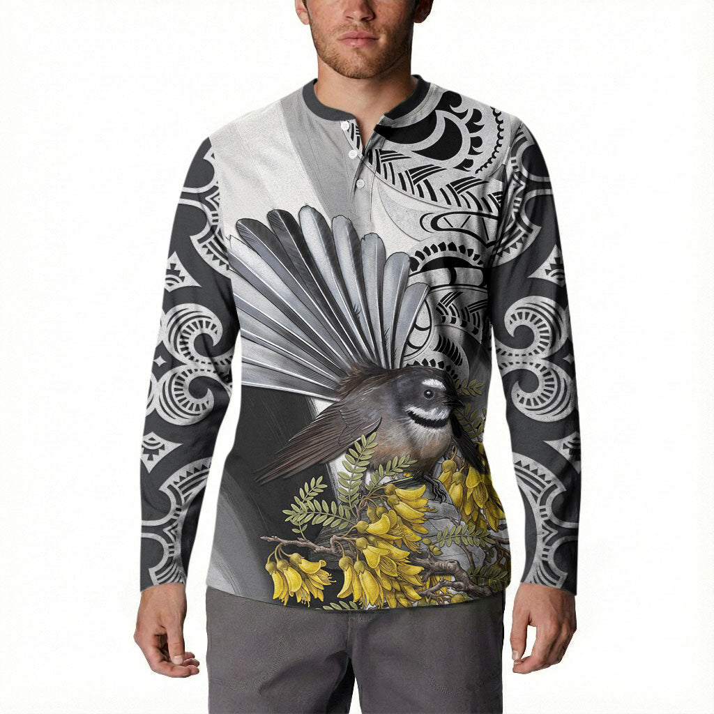 New Zealand Fantail Bird Button Sweatshirt Maori Piwakawaka Kowhai Maori Pattern