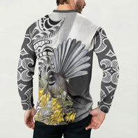 New Zealand Fantail Bird Button Sweatshirt Maori Piwakawaka Kowhai Maori Pattern