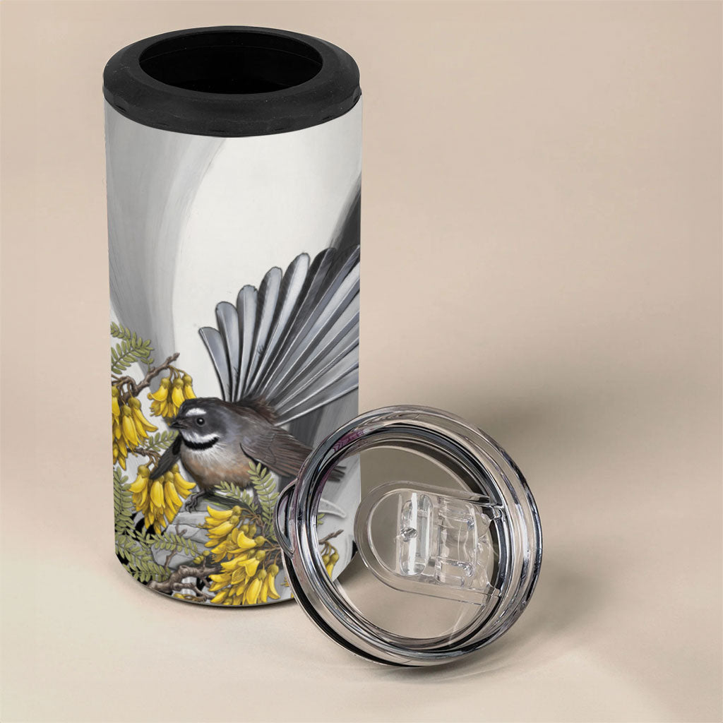 New Zealand Fantail Bird 4 in 1 Can Cooler Tumbler Maori Piwakawaka Kowhai Maori Pattern