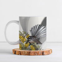 New Zealand Fantail Bird Ceramic Mug Maori Piwakawaka Kowhai Maori Pattern