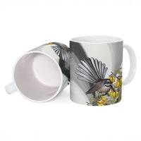 New Zealand Fantail Bird Ceramic Mug Maori Piwakawaka Kowhai Maori Pattern