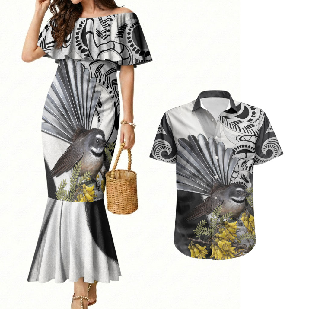 New Zealand Fantail Bird Couples Matching Mermaid Dress and Hawaiian Shirt Maori Piwakawaka Kowhai Maori Pattern LT22 Grey - Polynesian Pride