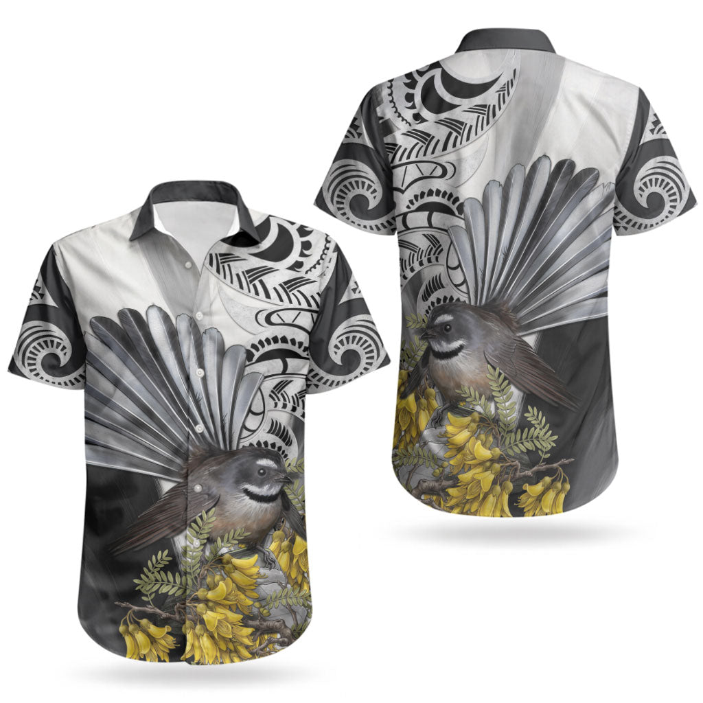 New Zealand Fantail Bird Couples Matching Mermaid Dress and Hawaiian Shirt Maori Piwakawaka Kowhai Maori Pattern