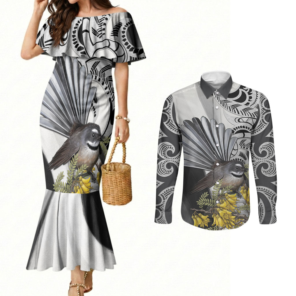 New Zealand Fantail Bird Couples Matching Mermaid Dress and Long Sleeve Button Shirt Maori Piwakawaka Kowhai Maori Pattern