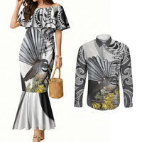 New Zealand Fantail Bird Couples Matching Mermaid Dress and Long Sleeve Button Shirt Maori Piwakawaka Kowhai Maori Pattern