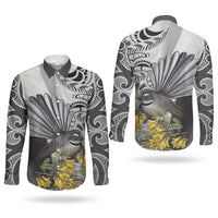 New Zealand Fantail Bird Couples Matching Mermaid Dress and Long Sleeve Button Shirt Maori Piwakawaka Kowhai Maori Pattern