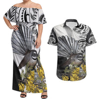 New Zealand Fantail Bird Couples Matching Off Shoulder Maxi Dress and Hawaiian Shirt Maori Piwakawaka Kowhai Maori Pattern