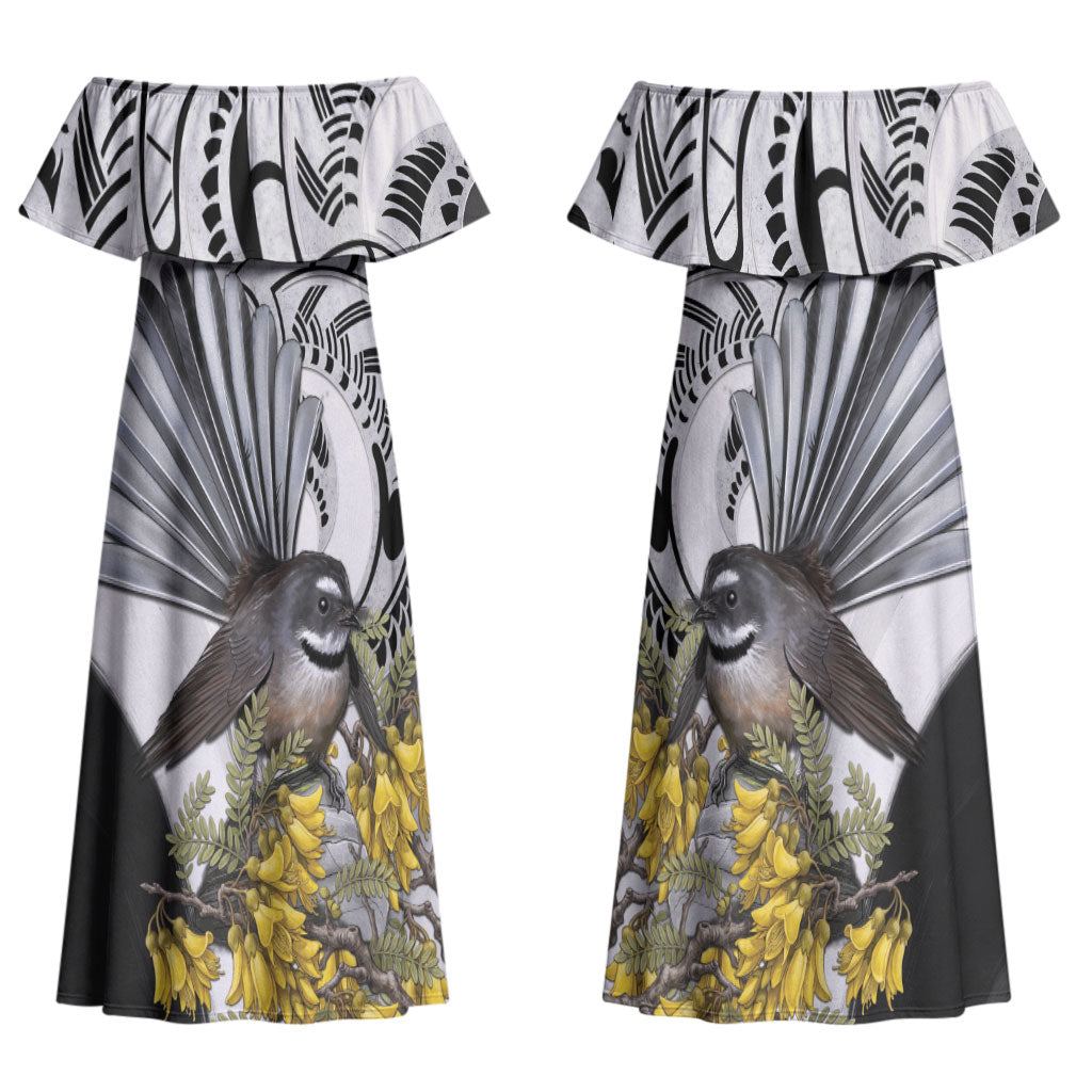 New Zealand Fantail Bird Couples Matching Off Shoulder Maxi Dress and Hawaiian Shirt Maori Piwakawaka Kowhai Maori Pattern