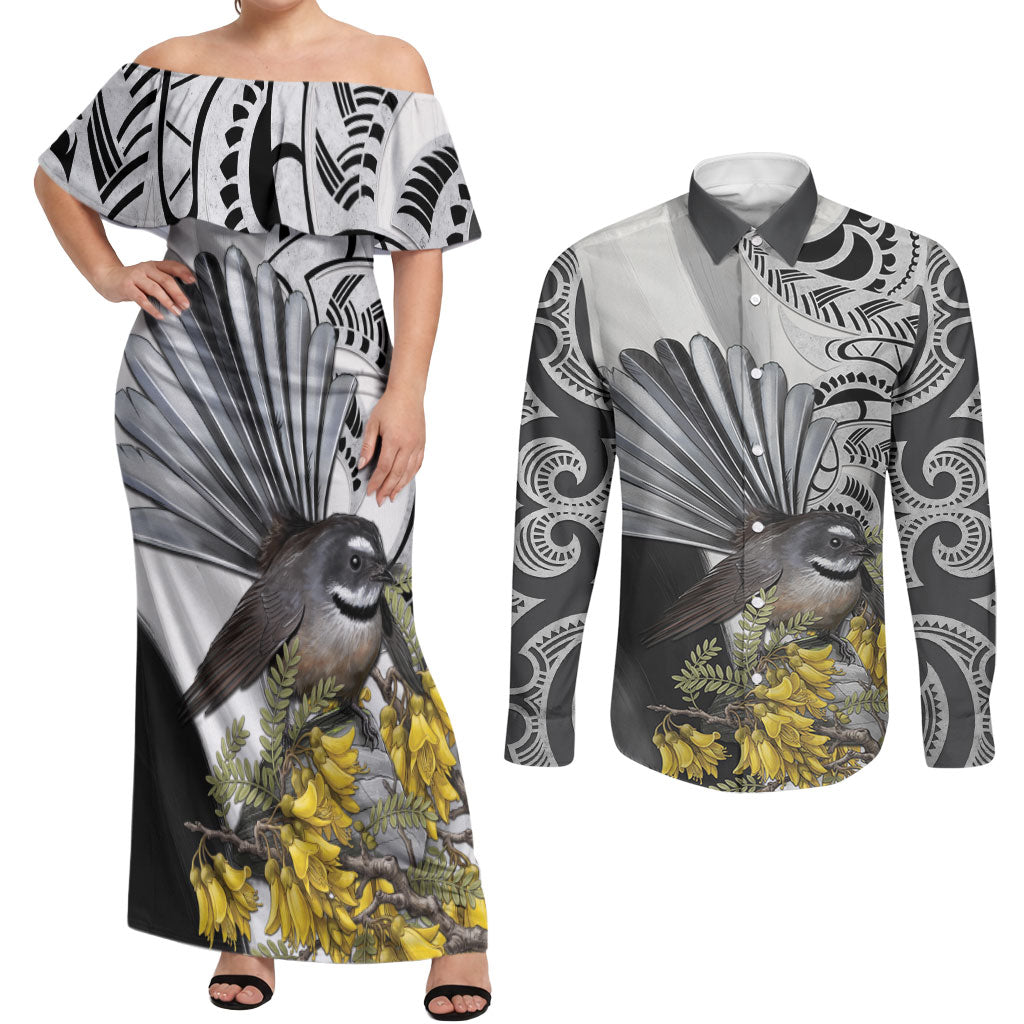 New Zealand Fantail Bird Couples Matching Off Shoulder Maxi Dress and Long Sleeve Button Shirt Maori Piwakawaka Kowhai Maori Pattern