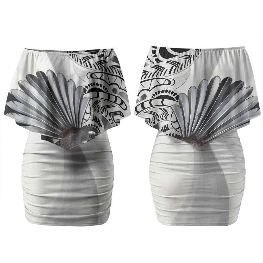 New Zealand Fantail Bird Couples Matching Off Shoulder Short Dress and Hawaiian Shirt Maori Piwakawaka Kowhai Maori Pattern