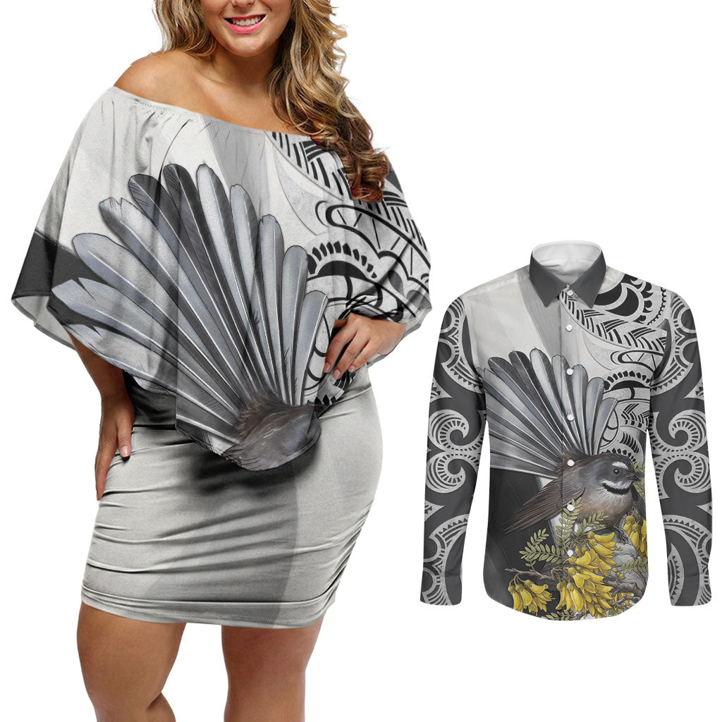 New Zealand Fantail Bird Couples Matching Off Shoulder Short Dress and Long Sleeve Button Shirt Maori Piwakawaka Kowhai Maori Pattern