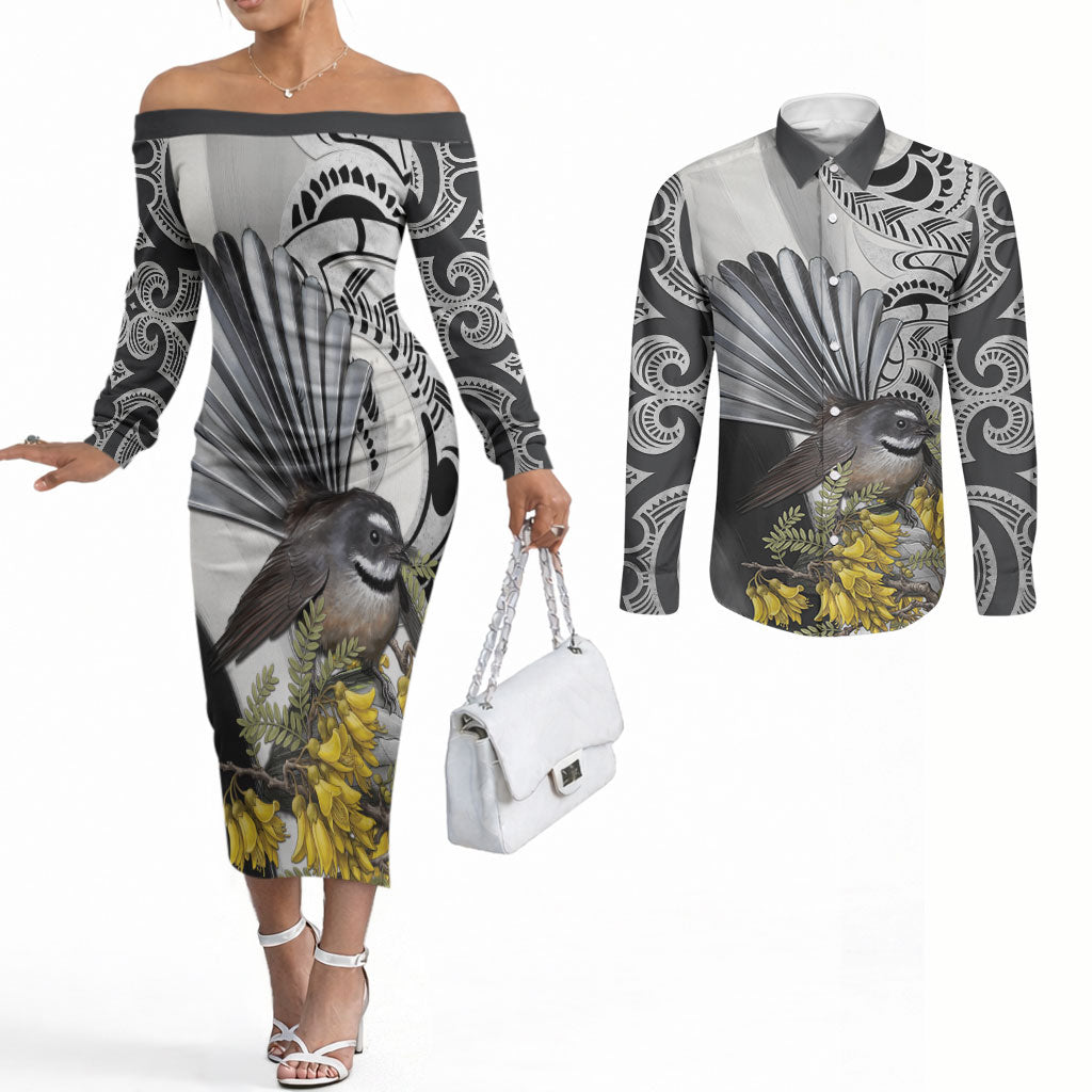New Zealand Fantail Bird Couples Matching Off The Shoulder Long Sleeve Dress and Long Sleeve Button Shirt Maori Piwakawaka Kowhai Maori Pattern