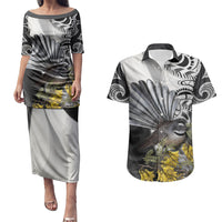 New Zealand Fantail Bird Couples Matching Puletasi and Hawaiian Shirt Maori Piwakawaka Kowhai Maori Pattern