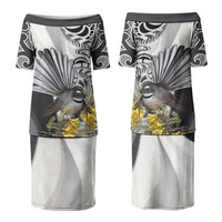 New Zealand Fantail Bird Couples Matching Puletasi and Hawaiian Shirt Maori Piwakawaka Kowhai Maori Pattern