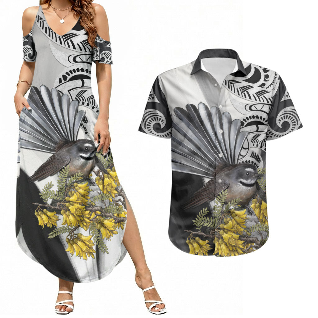 New Zealand Fantail Bird Couples Matching Summer Maxi Dress and Hawaiian Shirt Maori Piwakawaka Kowhai Maori Pattern