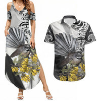 New Zealand Fantail Bird Couples Matching Summer Maxi Dress and Hawaiian Shirt Maori Piwakawaka Kowhai Maori Pattern