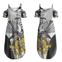 New Zealand Fantail Bird Couples Matching Summer Maxi Dress and Hawaiian Shirt Maori Piwakawaka Kowhai Maori Pattern