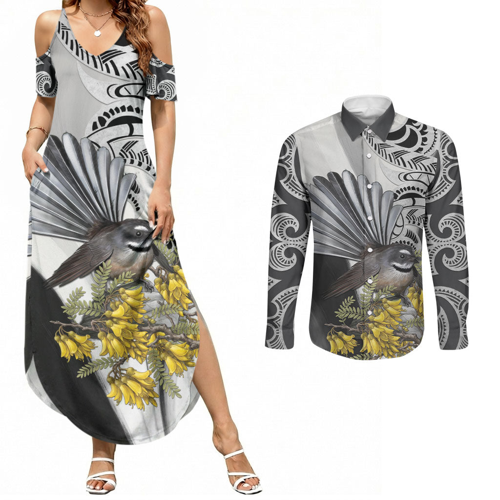 New Zealand Fantail Bird Couples Matching Summer Maxi Dress and Long Sleeve Button Shirt Maori Piwakawaka Kowhai Maori Pattern