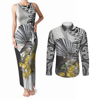 New Zealand Fantail Bird Couples Matching Tank Maxi Dress and Long Sleeve Button Shirt Maori Piwakawaka Kowhai Maori Pattern