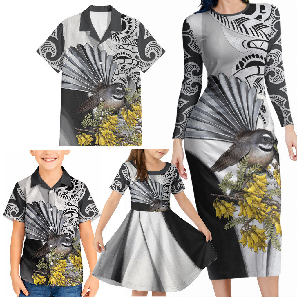 New Zealand Fantail Bird Family Matching Long Sleeve Bodycon Dress and Hawaiian Shirt Maori Piwakawaka Kowhai Maori Pattern LT22 - Polynesian Pride