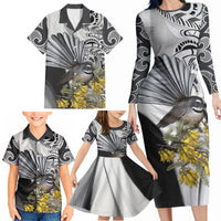 New Zealand Fantail Bird Family Matching Long Sleeve Bodycon Dress and Hawaiian Shirt Maori Piwakawaka Kowhai Maori Pattern