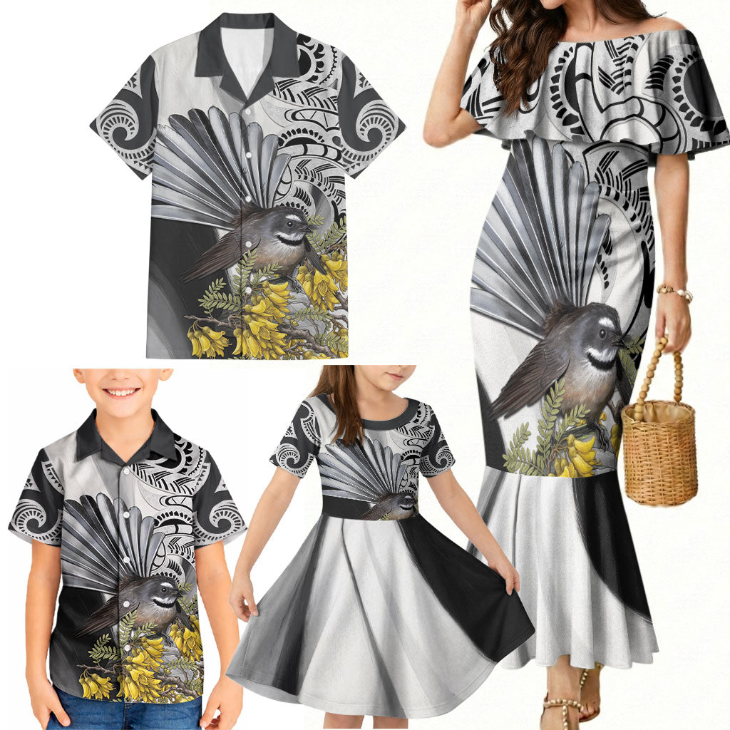 New Zealand Fantail Bird Family Matching Mermaid Dress and Hawaiian Shirt Maori Piwakawaka Kowhai Maori Pattern LT22 - Polynesian Pride