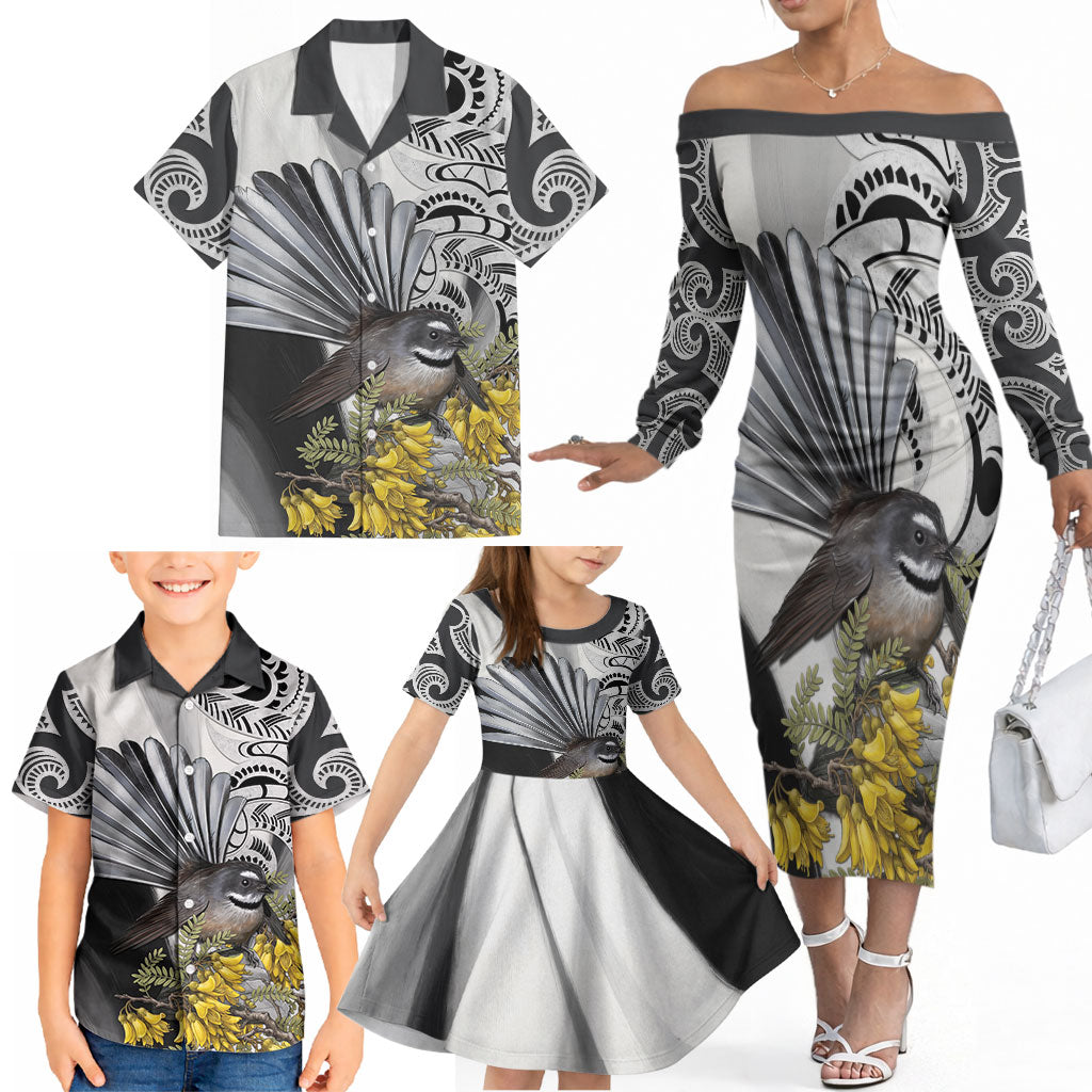 New Zealand Fantail Bird Family Matching Off The Shoulder Long Sleeve Dress and Hawaiian Shirt Maori Piwakawaka Kowhai Maori Pattern