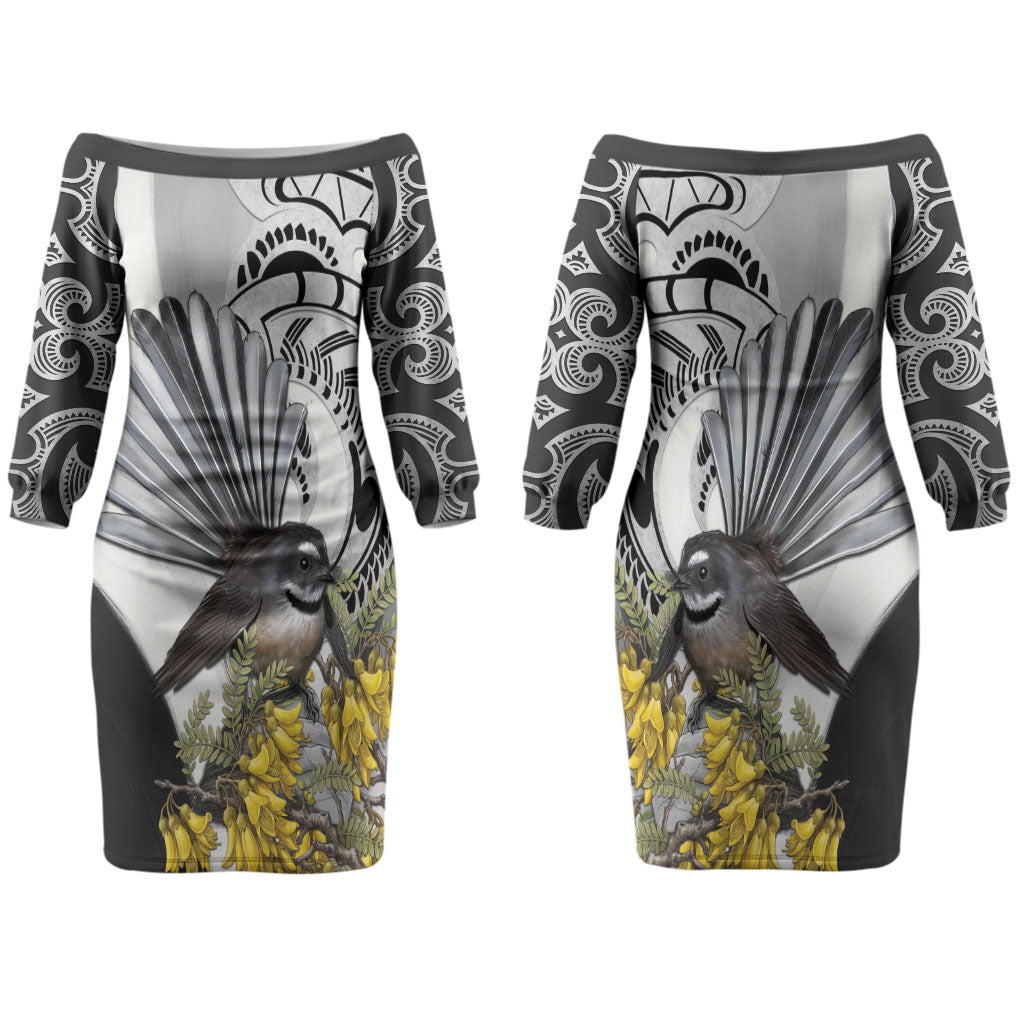 New Zealand Fantail Bird Family Matching Off The Shoulder Long Sleeve Dress and Hawaiian Shirt Maori Piwakawaka Kowhai Maori Pattern