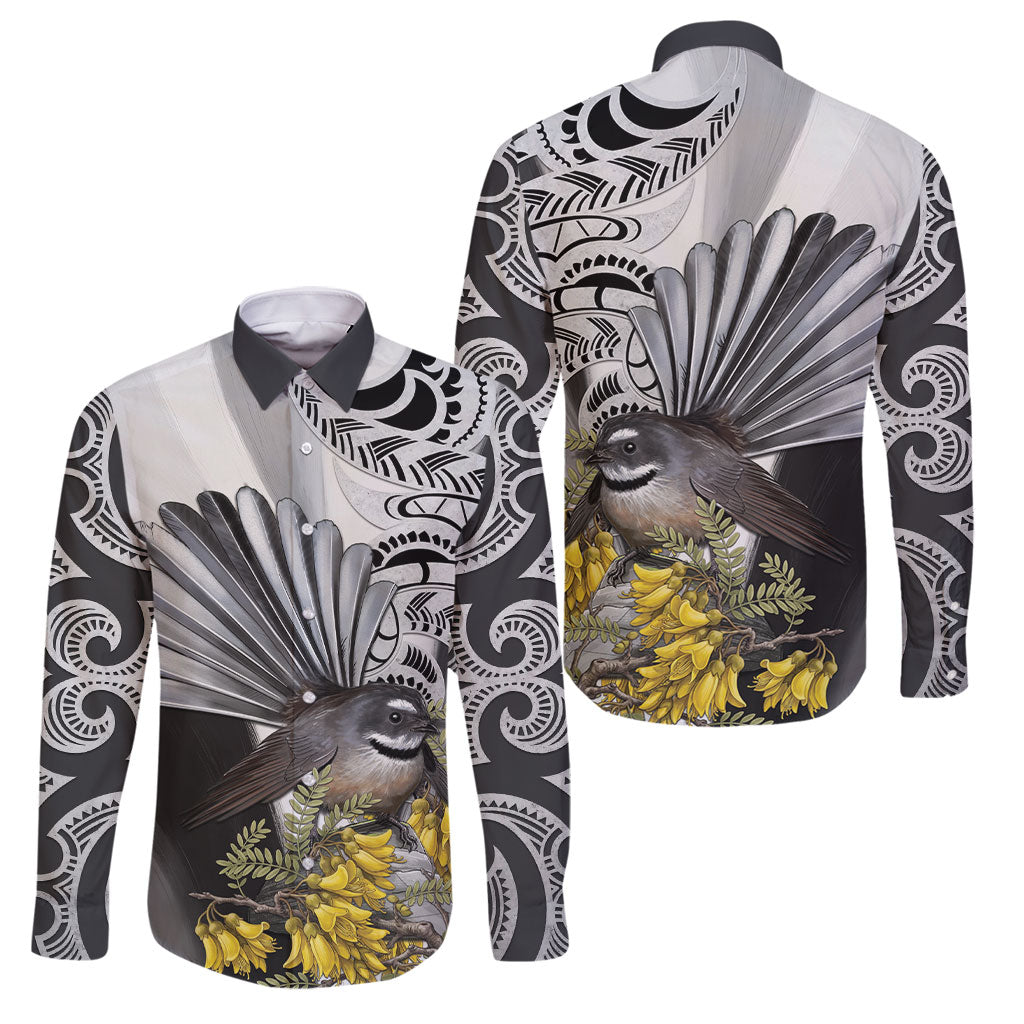 New Zealand Fantail Bird Family Matching Off The Shoulder Long Sleeve Dress and Hawaiian Shirt Maori Piwakawaka Kowhai Maori Pattern
