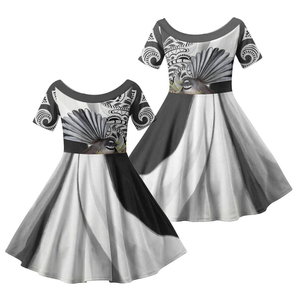 New Zealand Fantail Bird Family Matching Off Shoulder Short Dress and Hawaiian Shirt Maori Piwakawaka Kowhai Maori Pattern