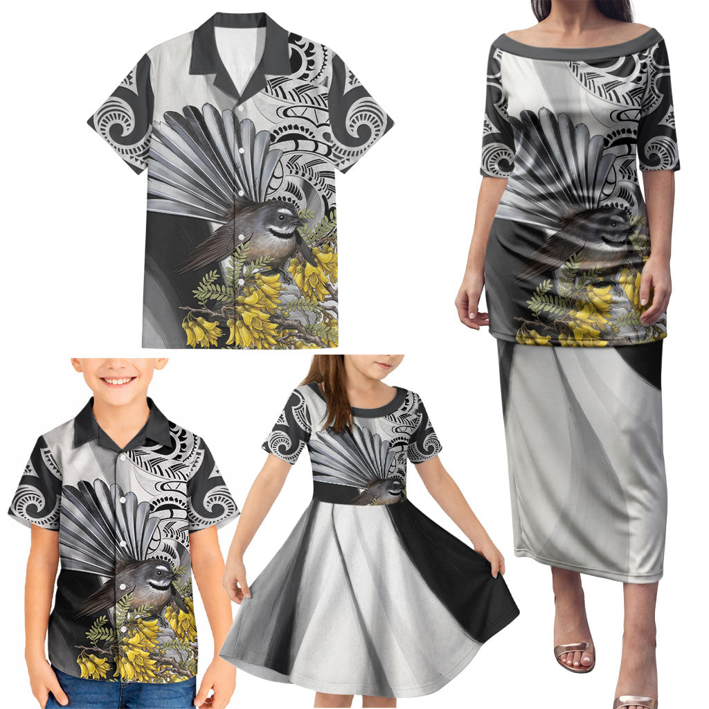 New Zealand Fantail Bird Family Matching Puletasi and Hawaiian Shirt Maori Piwakawaka Kowhai Maori Pattern LT22 - Polynesian Pride