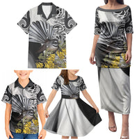 New Zealand Fantail Bird Family Matching Puletasi and Hawaiian Shirt Maori Piwakawaka Kowhai Maori Pattern