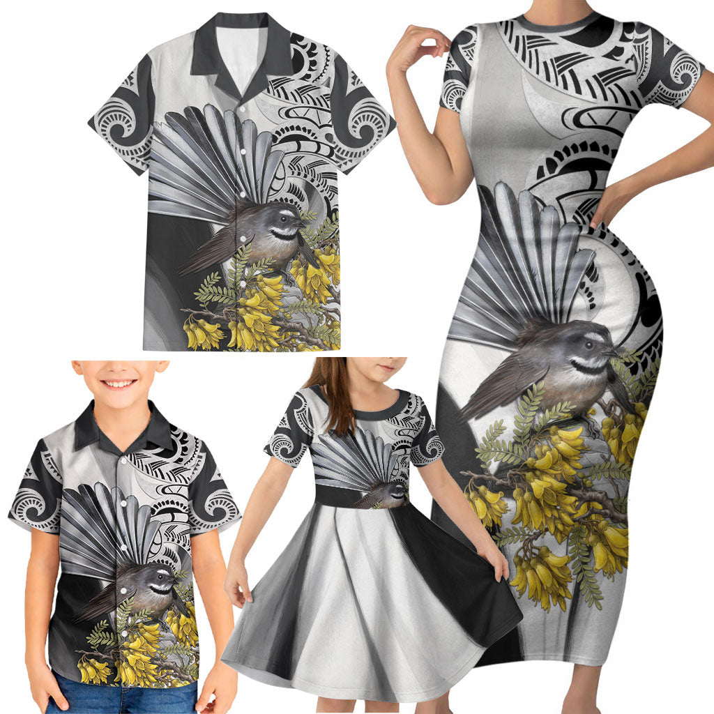 New Zealand Fantail Bird Family Matching Short Sleeve Bodycon Dress and Hawaiian Shirt Maori Piwakawaka Kowhai Maori Pattern LT22 - Polynesian Pride