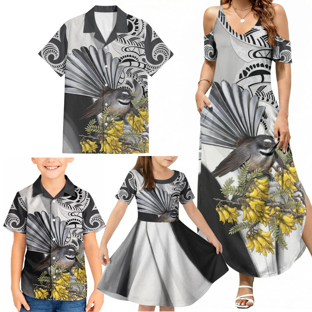 New Zealand Fantail Bird Family Matching Summer Maxi Dress and Hawaiian Shirt Maori Piwakawaka Kowhai Maori Pattern LT22 - Polynesian Pride