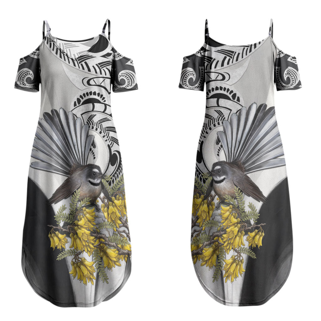New Zealand Fantail Bird Family Matching Summer Maxi Dress and Hawaiian Shirt Maori Piwakawaka Kowhai Maori Pattern
