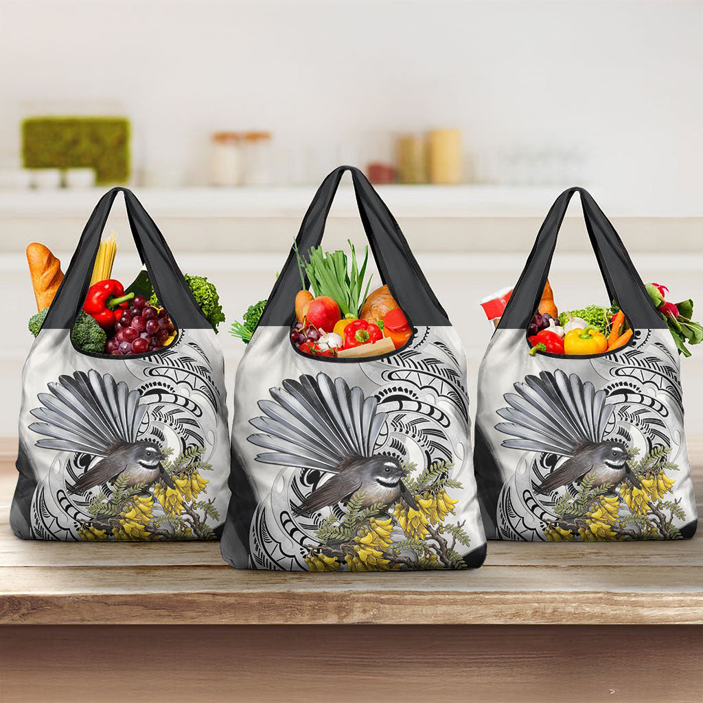 New Zealand Fantail Bird Grocery Bag Maori Piwakawaka Kowhai Maori Pattern