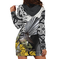 New Zealand Fantail Bird Hoodie Dress Maori Piwakawaka Kowhai Maori Pattern