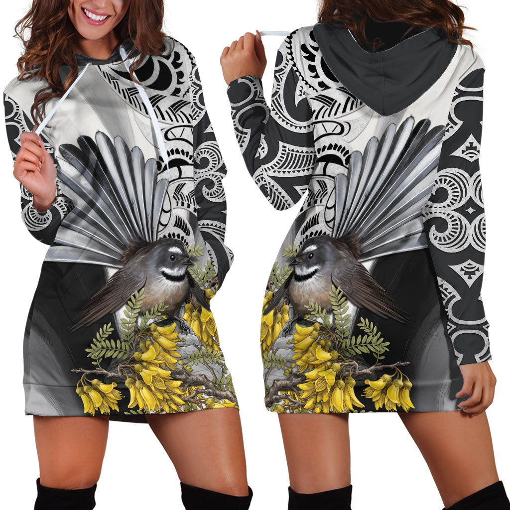 New Zealand Fantail Bird Hoodie Dress Maori Piwakawaka Kowhai Maori Pattern