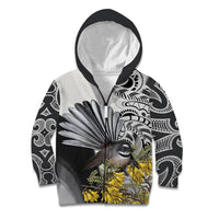 New Zealand Fantail Bird Kid Hoodie Maori Piwakawaka Kowhai Maori Pattern