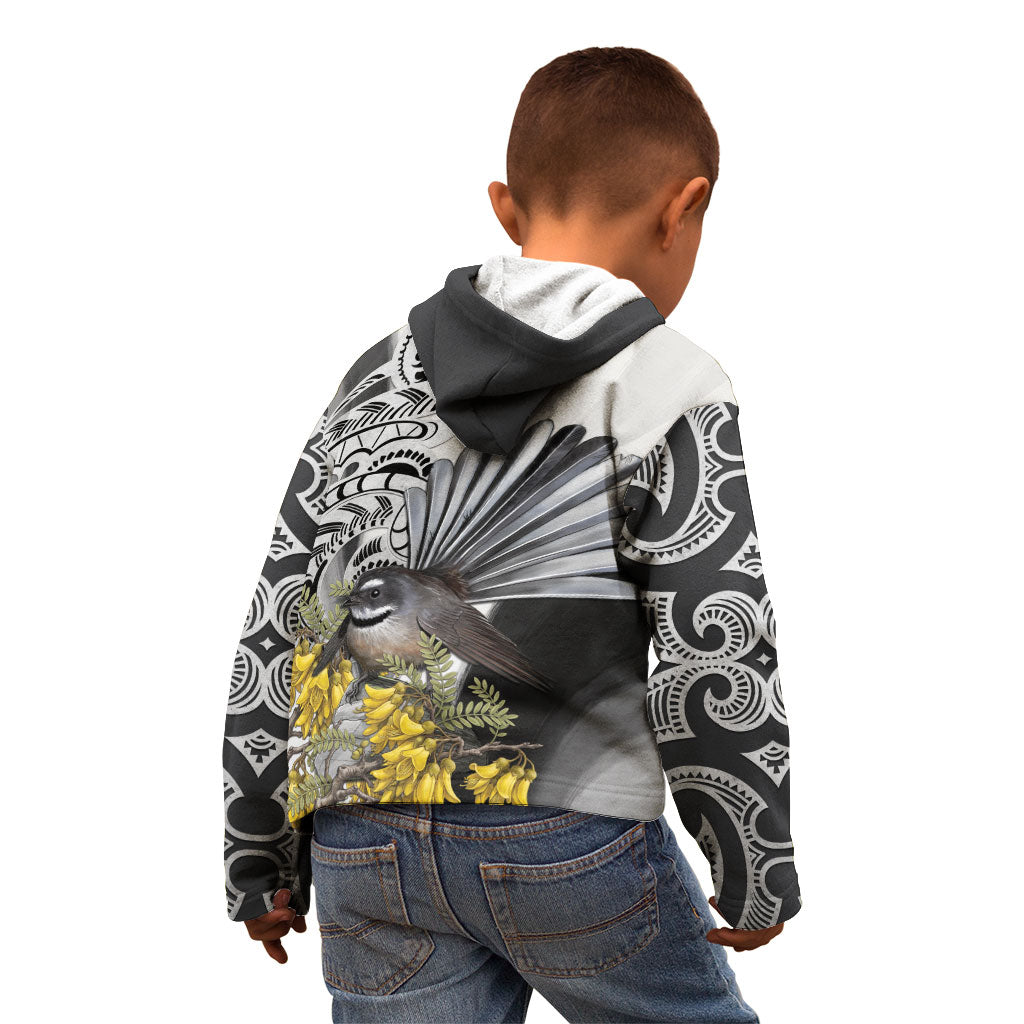 New Zealand Fantail Bird Kid Hoodie Maori Piwakawaka Kowhai Maori Pattern