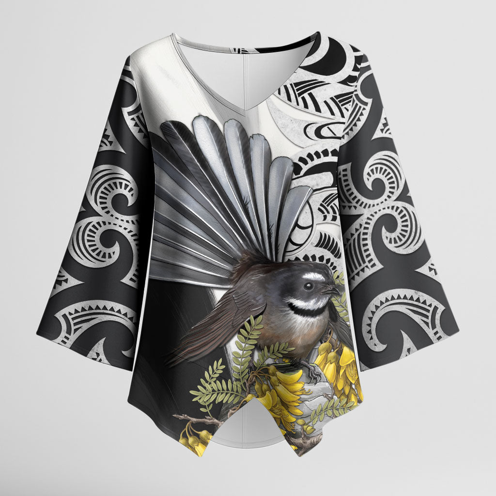 New Zealand Fantail Bird Kimono Sleeve Blouse Maori Piwakawaka Kowhai Maori Pattern