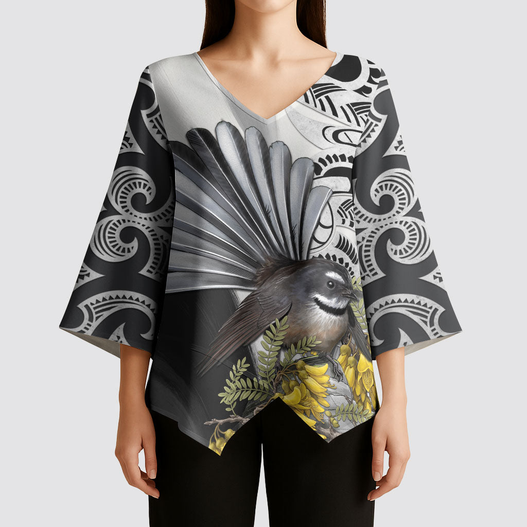 New Zealand Fantail Bird Kimono Sleeve Blouse Maori Piwakawaka Kowhai Maori Pattern