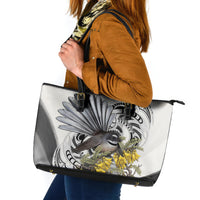 New Zealand Fantail Bird Leather Tote Bag Maori Piwakawaka Kowhai Maori Pattern